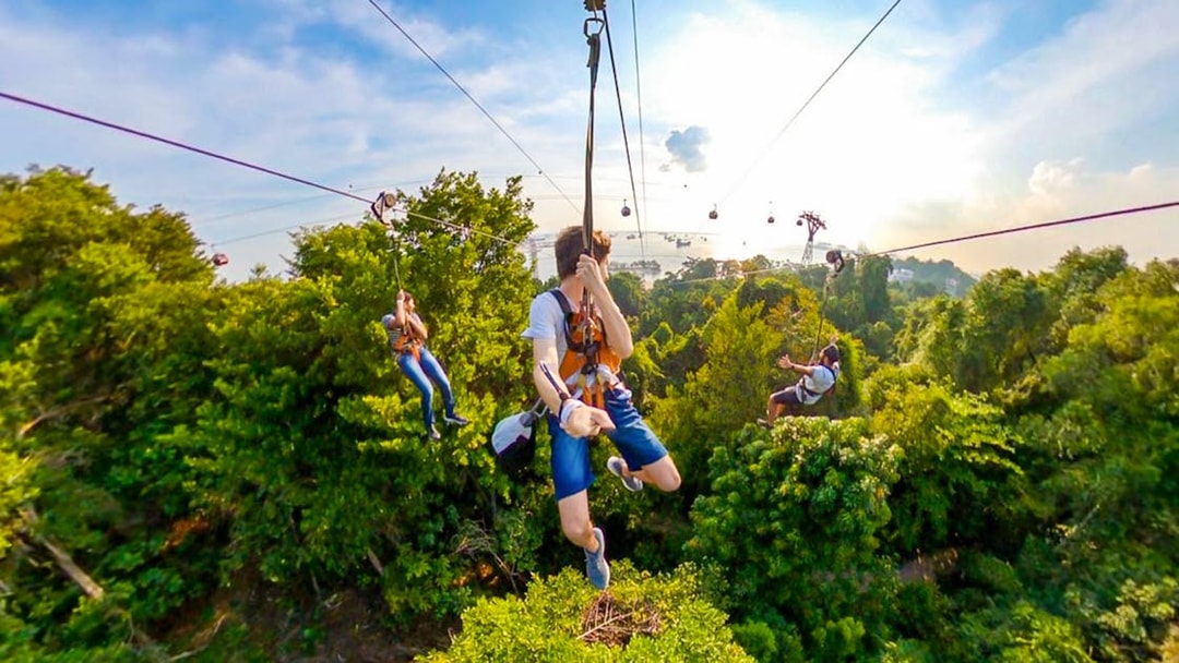 Visitors ziplining over lush greenery at Mega Adventure Park, Singapore.