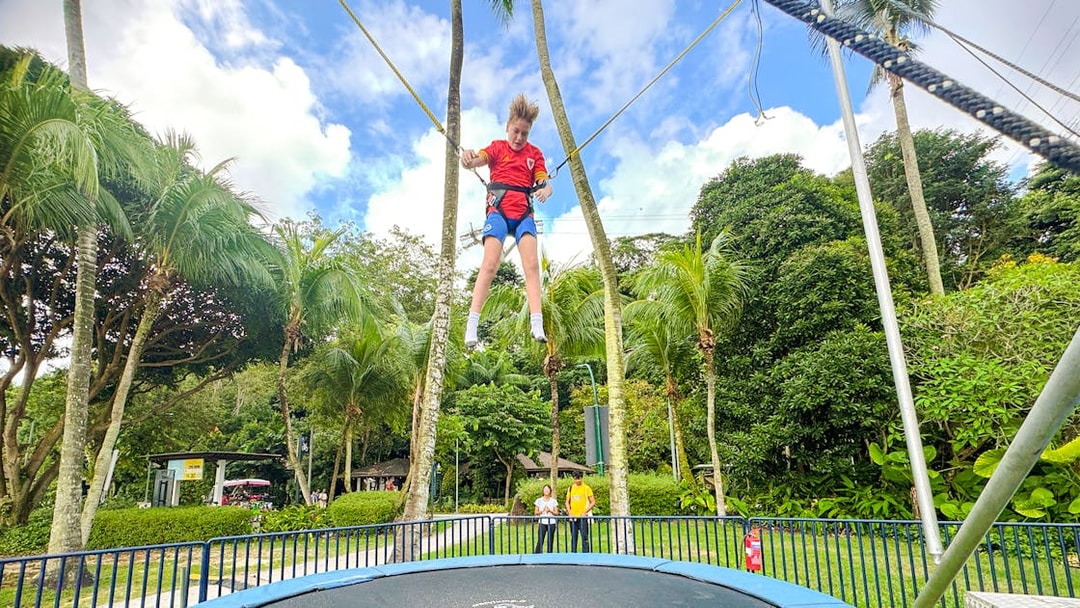 Child bouncing on a trampoline at Mega Adventure Park, Singapore, surrounded by palm trees.