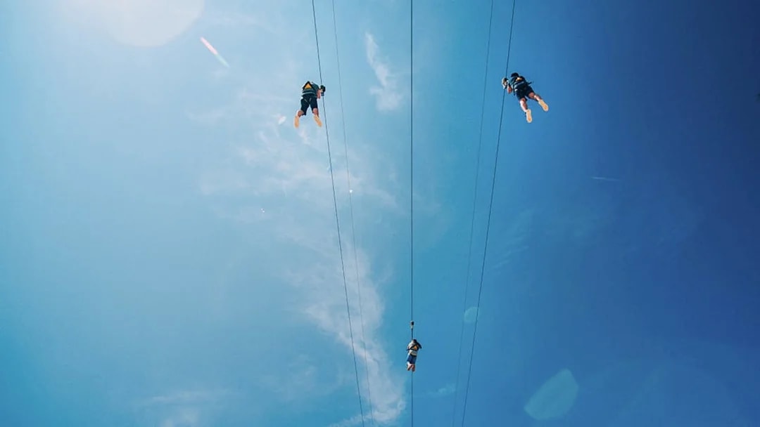 Visitors ziplining at Mega Adventure Park, Singapore against a clear blue sky.