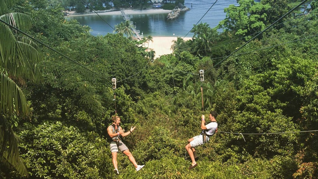 Two people ziplining over lush greenery at Mega Adventure, Sentosa, Singapore.