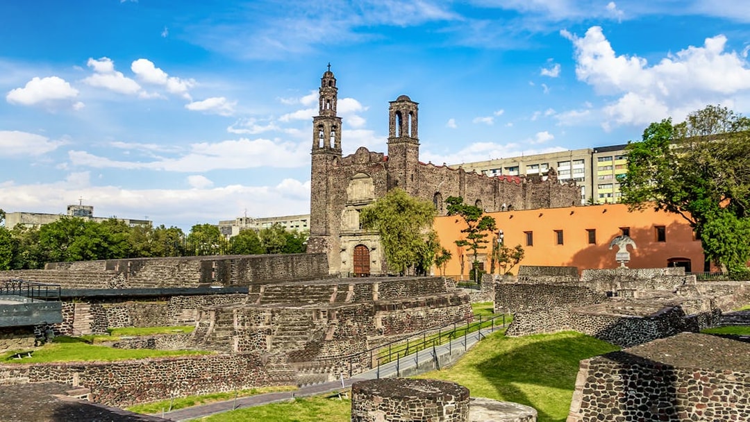 Plaza of Three Cultures in Mexico City with ancient ruins and colonial church.