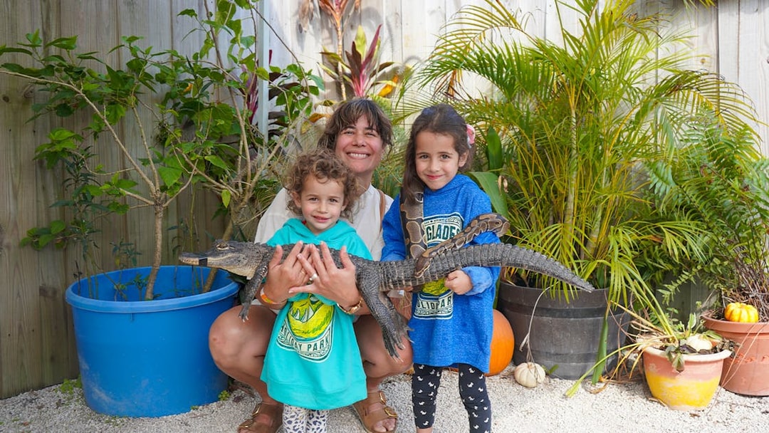 Family holding a small alligator at Holiday Park animal encounter.