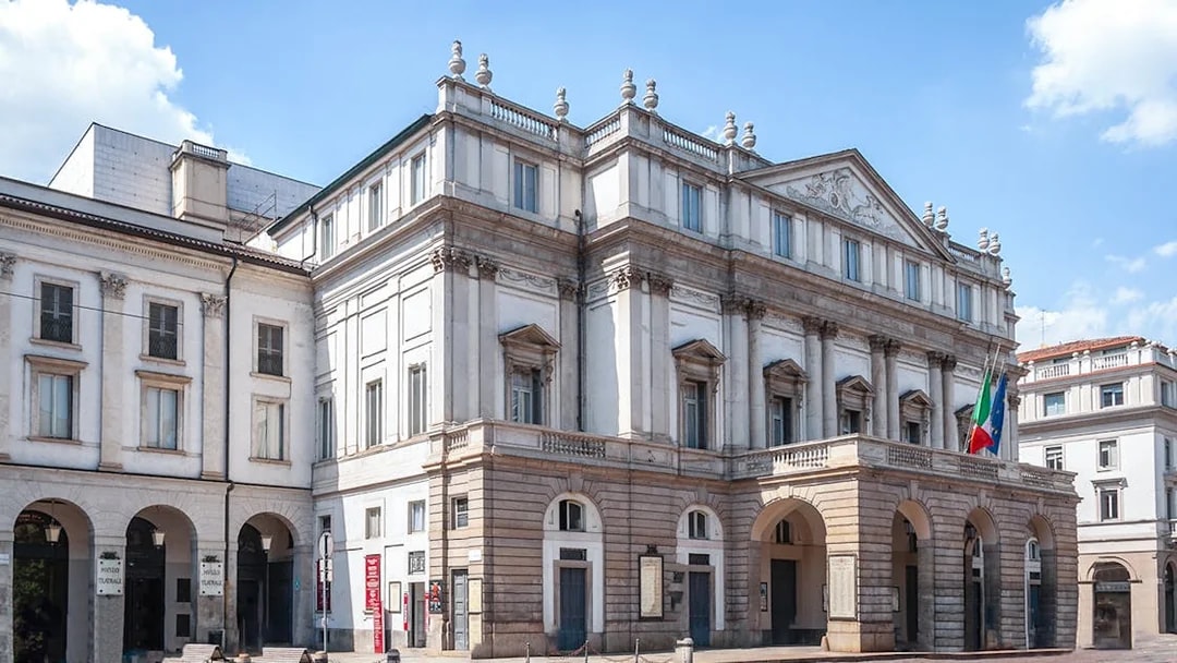 La Scala Theatre exterior in Milan, Italy, featured on a guided tour.