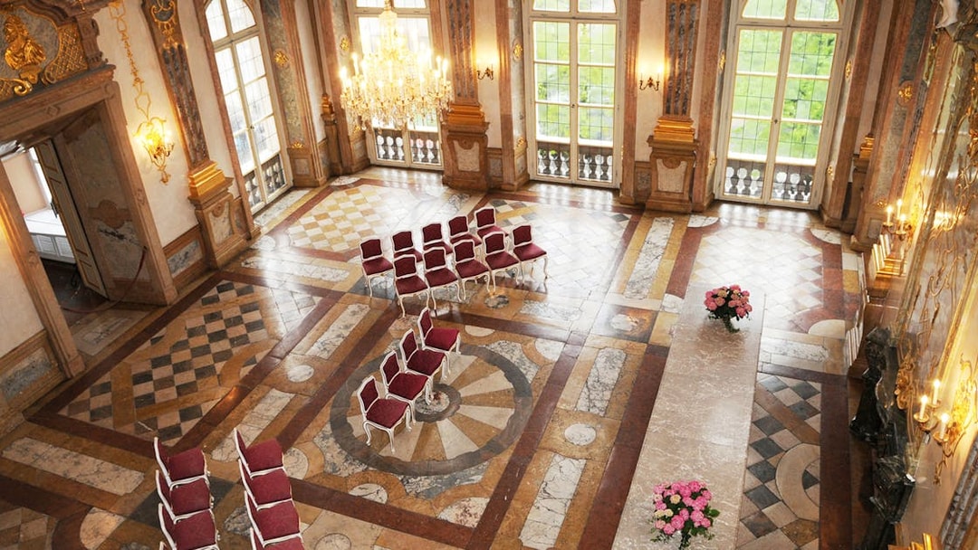 Concert seating arrangement in the ornate Marble Hall of Mirabell Palace, Salzburg.