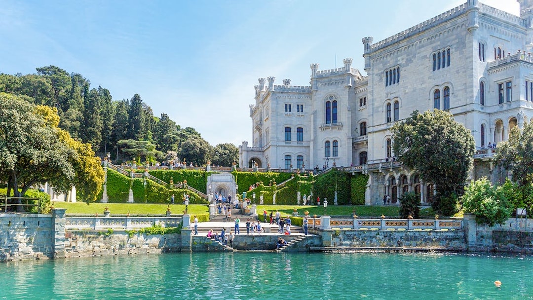 Miramare Castle with gardens overlooking the Gulf of Trieste, Italy.