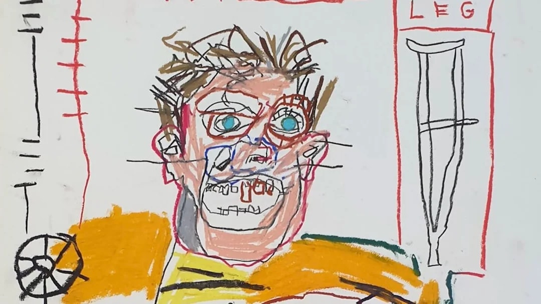 Basquiat-style artwork at Moco Museum, featuring abstract face and vibrant colors.