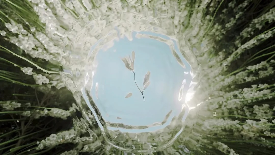 Abstract floral artwork at Moco Amsterdam with green and white elements.