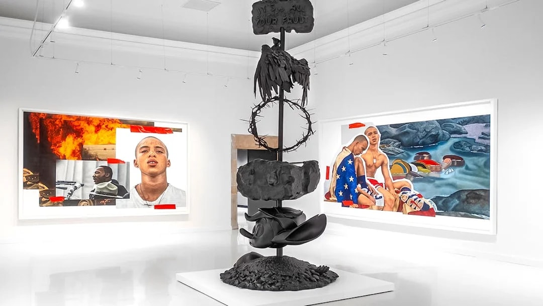 Modern art installation at Moco Museum Barcelona featuring sculptures and vibrant paintings.