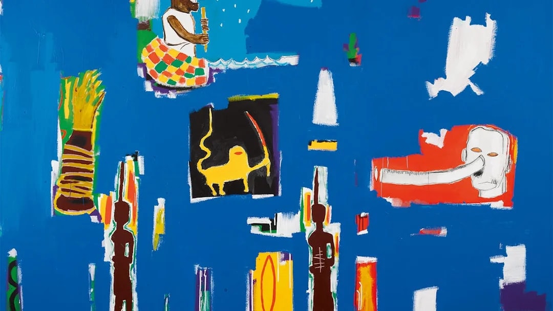 Abstract art with vibrant colors at Moco Museum London, featuring figures and geometric shapes.