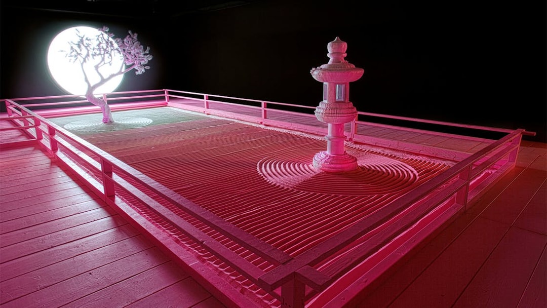 Zen garden with tree and lantern under moonlight at Daniel Arsham's Lunar Garden, Moco Museum London.