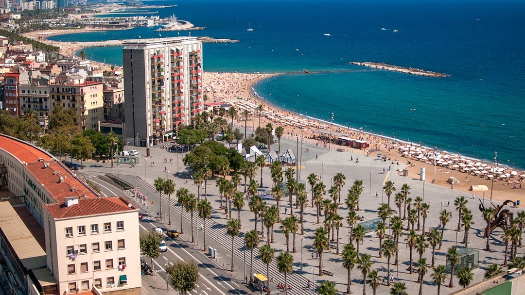 Barcelona beach view near Montjuic, showcasing cityscape and coastline.