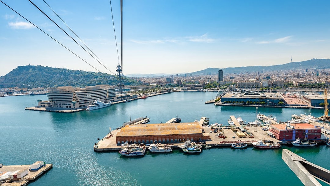 Montjuic cable car view over Barcelona harbor and cityscape.