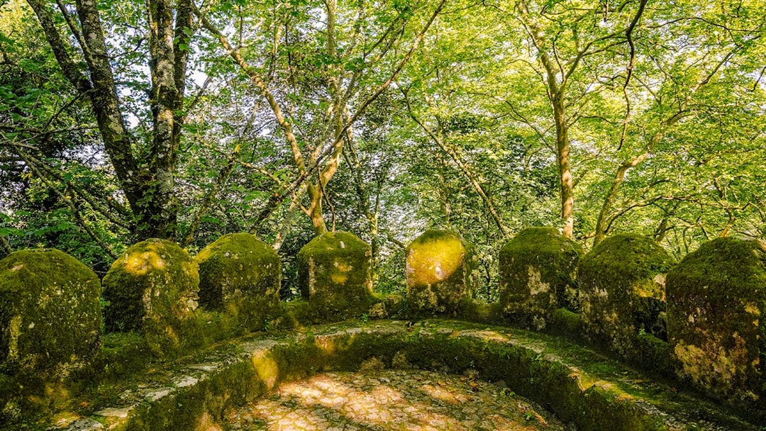 Moss-covered stone walls of Moorish Castle's second ring in Sintra, Portugal, surrounded by trees.