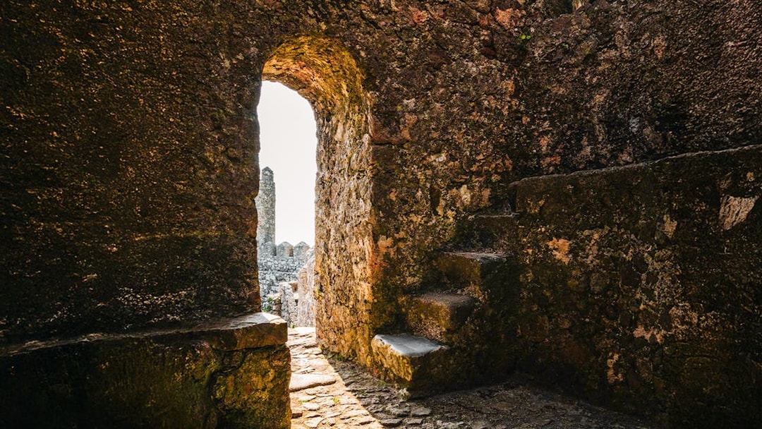 Moorish Castle Keep tower entrance with stone walls and steps, Sintra, Portugal.