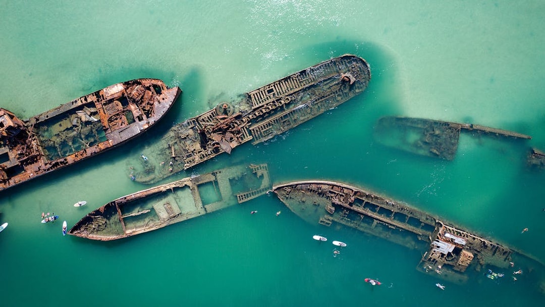 Birds-eye view of Tangalooma Shipwrecks in turquoise waters, Brisbane, Australia.
