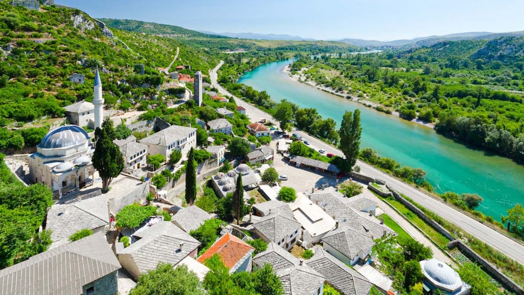 Aerial view of Mostar with Neretva River and historic buildings, Bosnia and Herzegovina.