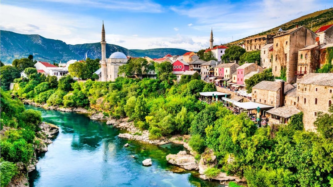 Mostar's Old Town with Neretva River and mosque, Bosnia and Herzegovina.