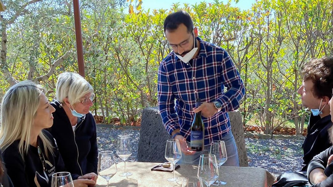 Wine tasting session in Catania with a guide presenting a bottle to a group.