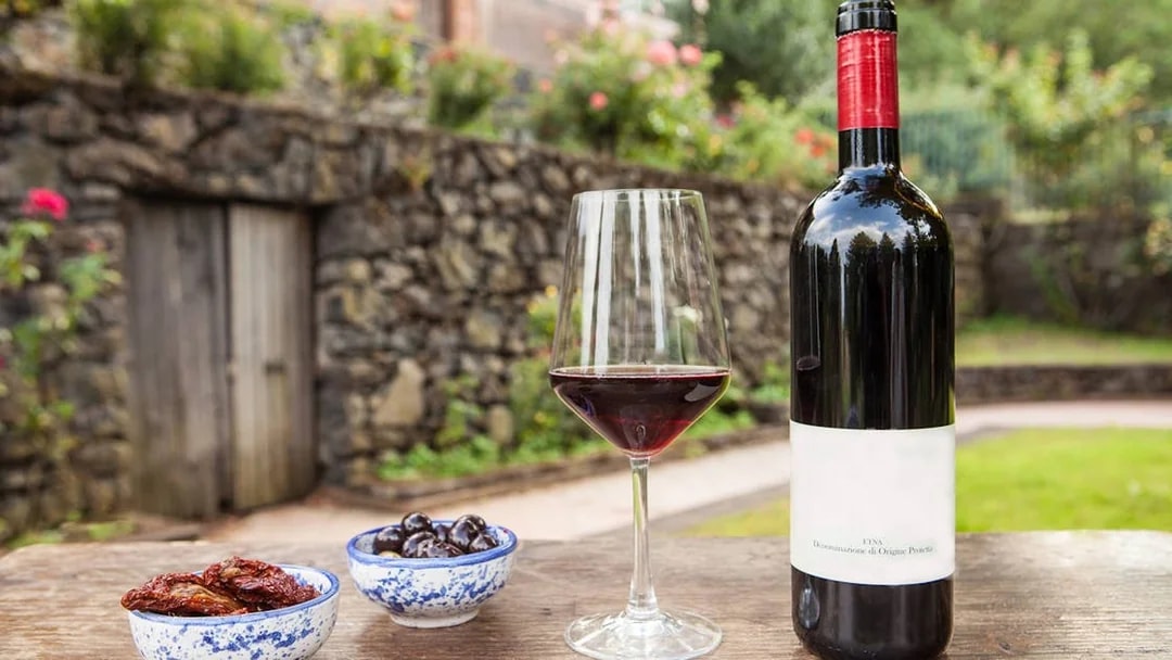Wine bottle and glass with olives and sun-dried tomatoes on a table during Etna wine tasting tour.