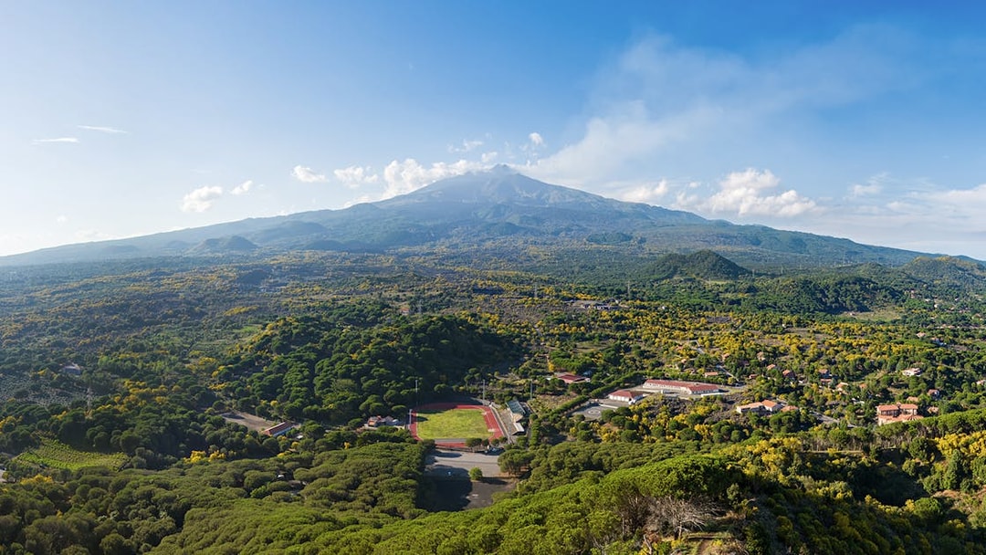 Volcanic craters covered with forest on Mount Etna's slopes, Sicily.