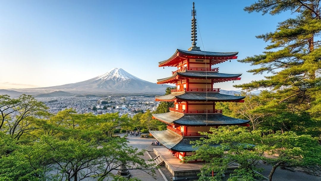 Pagoda at Arakurayama Sengen Park with Mount Fuji in the background, Japan.