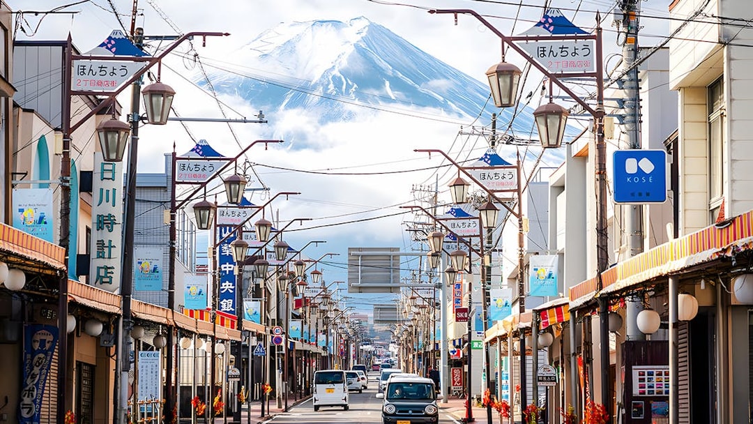 Street view of Hikawa Clock Shop with Mt. Fuji in the background, Japan.