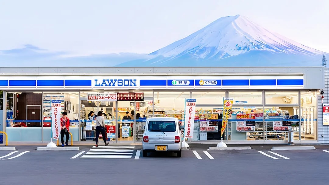 Lawson store with Mt Fuji backdrop, offering ice cream and hot drinks.