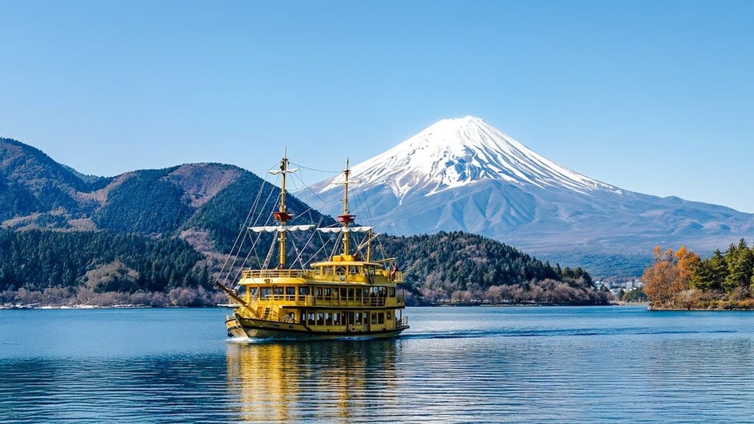 Pirate ship on Lake Ashi with Mount Fuji in the background, Japan.
