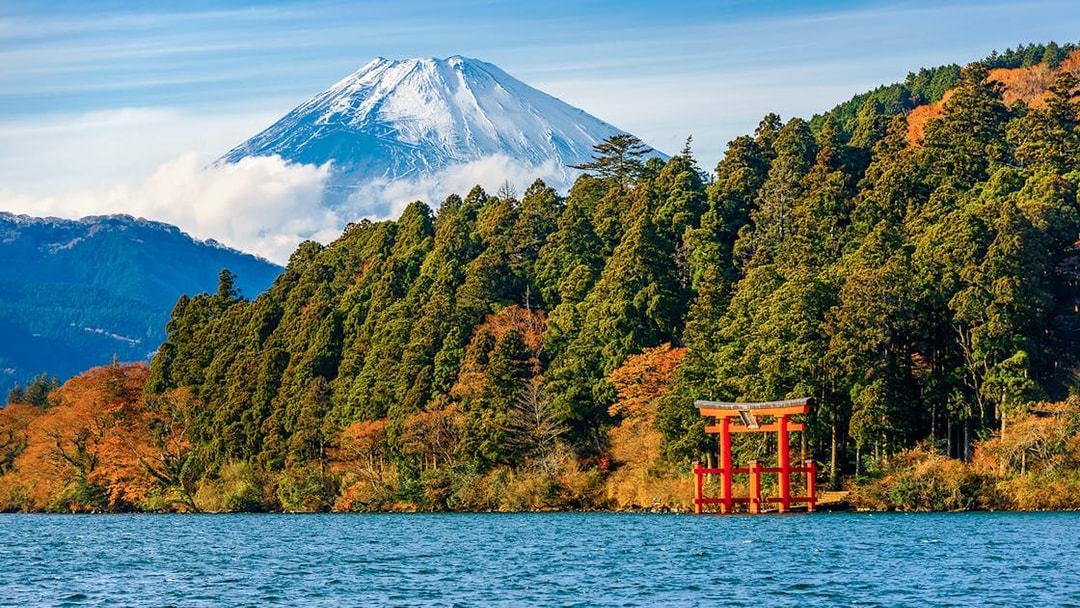 Red Torii gate with Mt. Fuji in the background on Hakone tour.