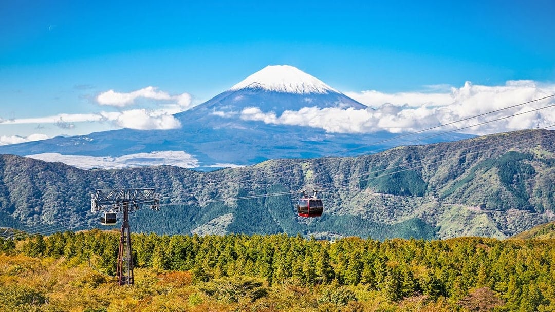 Mt Hakone Ropeway with Mt Fuji in the background, Japan.