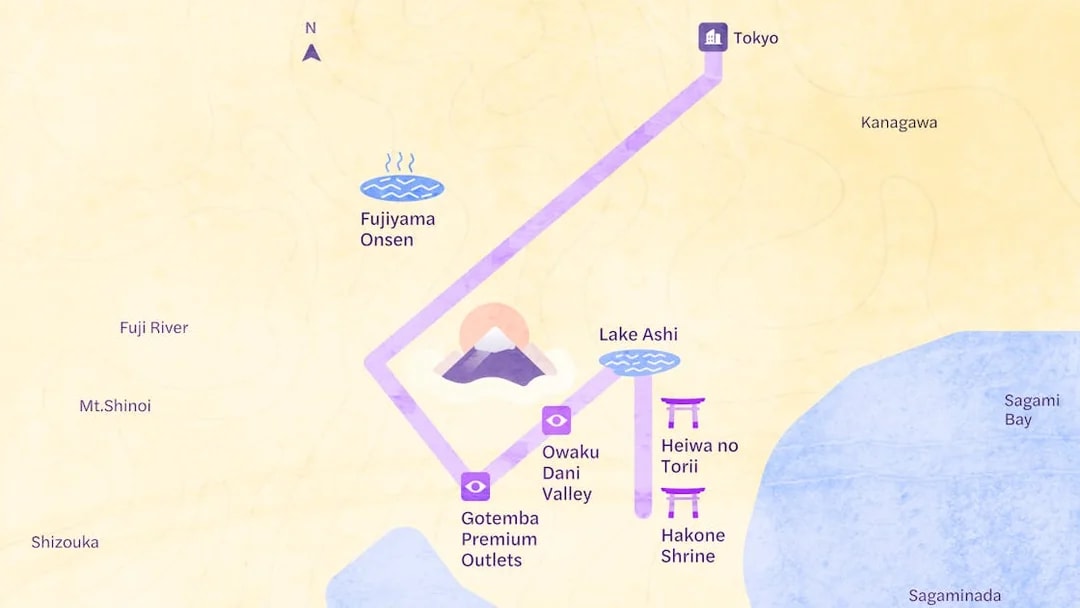 Tokyo day tour map featuring Mt. Fuji, Lake Ashi, Owaku Dani Valley, and Fujiyama Onsen.