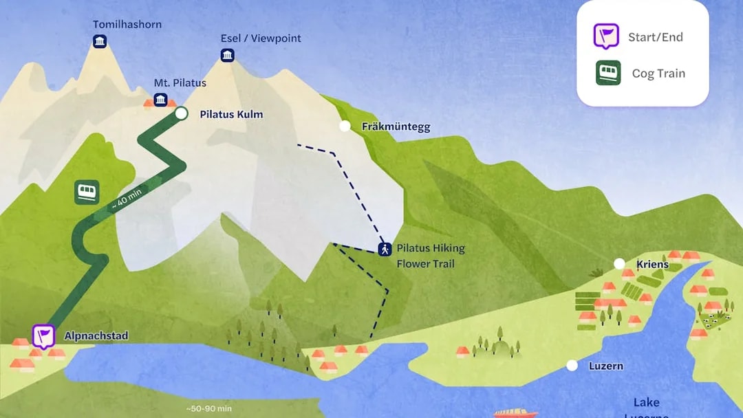 Map of the rack railroad route from Alpnachstad to Pilatus Kulm, highlighting Mt. Pilatus and hiking trails.