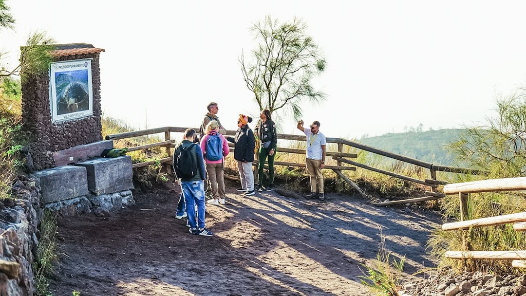 Hiking group on Mount Vesuvius trail near a viewpoint with a sign.