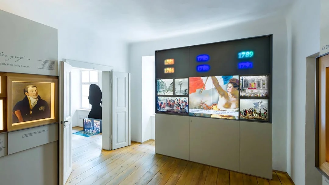 Mozarthaus Vienna exhibit with historical displays and portrait, featuring entry to audio-guided tour.