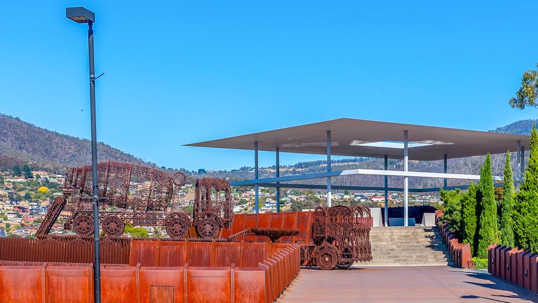 Sculpture at MONA entrance with Mt Wellington in the background, Hobart, Tasmania.