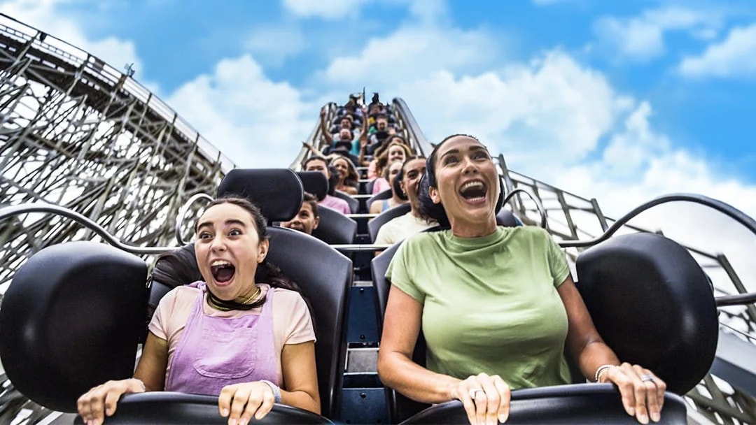 Tourists thrilled on the Leviathan ride at Sea World.