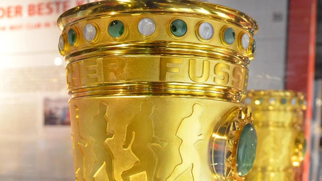 Golden trophy on display at FC Bayern's Allianz Arena, Munich.