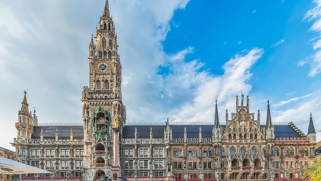 New Town Hall at Marienplatz Square, Munich, with its iconic clock tower and ornate facade.