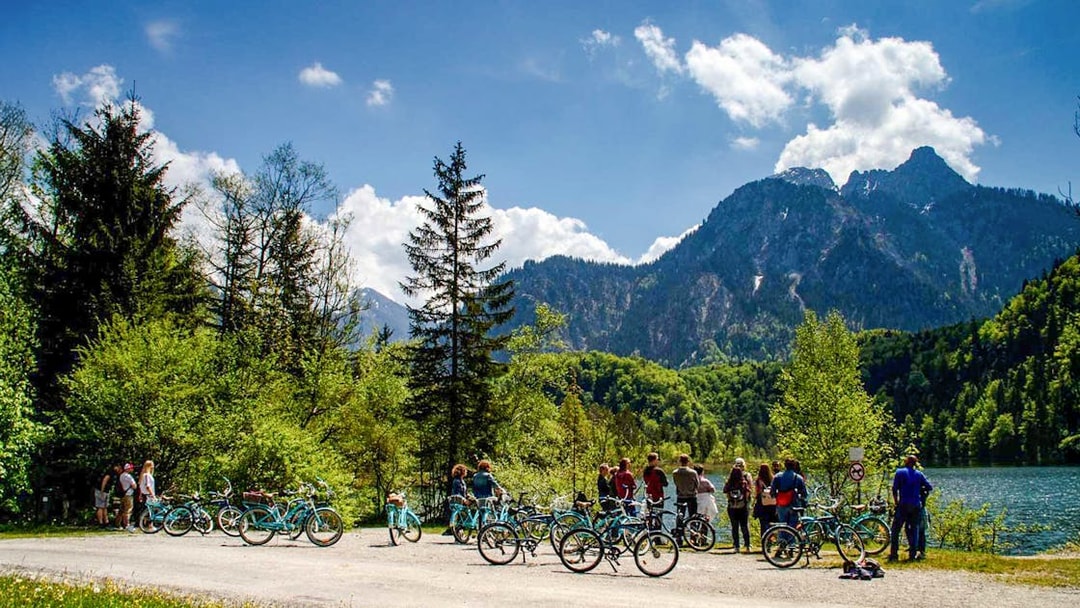 Group on a bike tour near Neuschwanstein Castle with mountain and lake views.