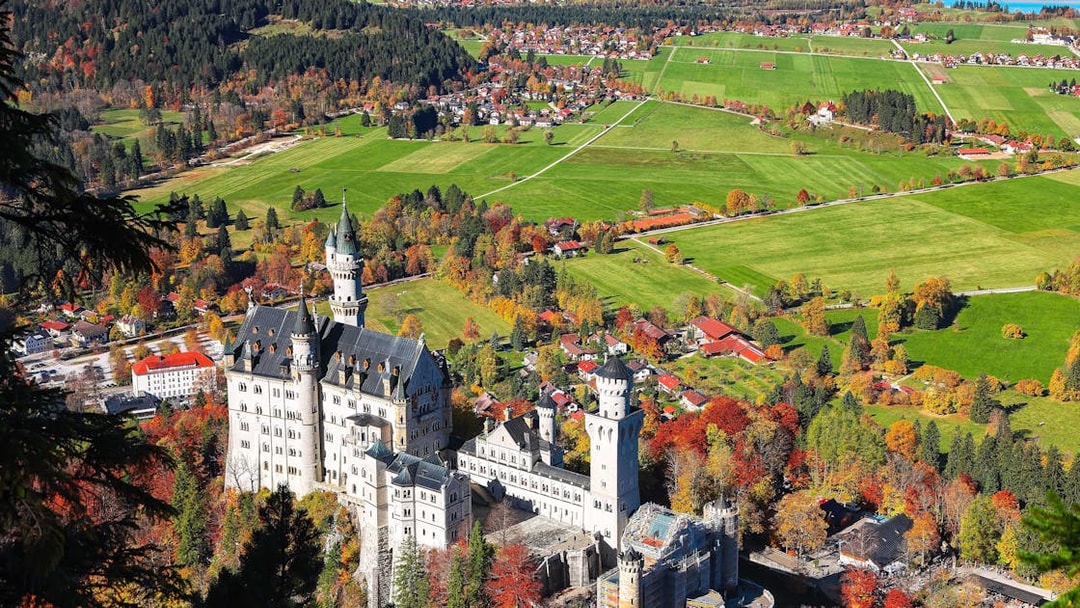 Aerial view of Neuschwanstein Castle surrounded by autumn foliage in Bavaria, Germany.