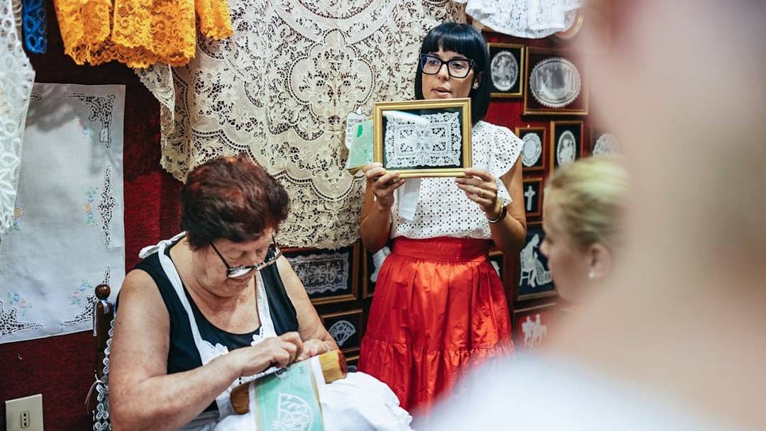 Lace-making demonstration at the Lace Museum in Burano, Italy.