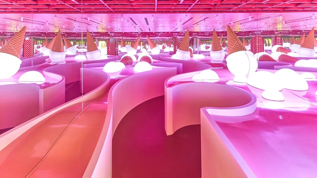 Ice cream-themed room with pink slides at Museum of Ice Cream Singapore.