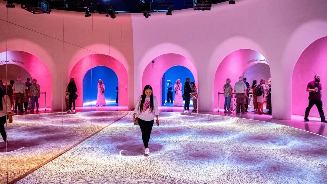 Visitors exploring exhibits on the Al Waha floor at the Museum of the Future, Dubai.