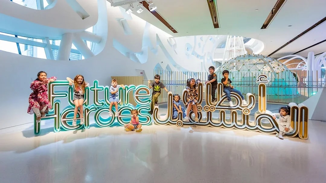 Children enjoying the Future Heroes exhibit at the Museum of the Future, Dubai.