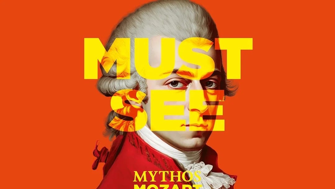 Portrait of Mozart with 'Must See' text for Mythos Mozart tickets