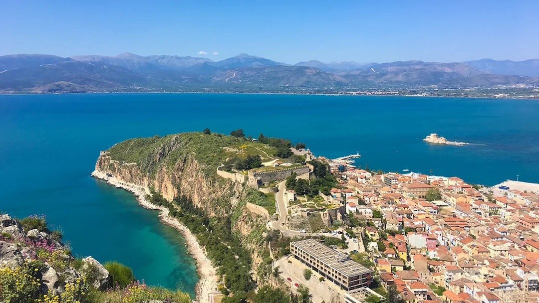 Nafplio coastal view with historic fortress and town, part of Nafplio-Mycenae-Epidaurus Day Tour.