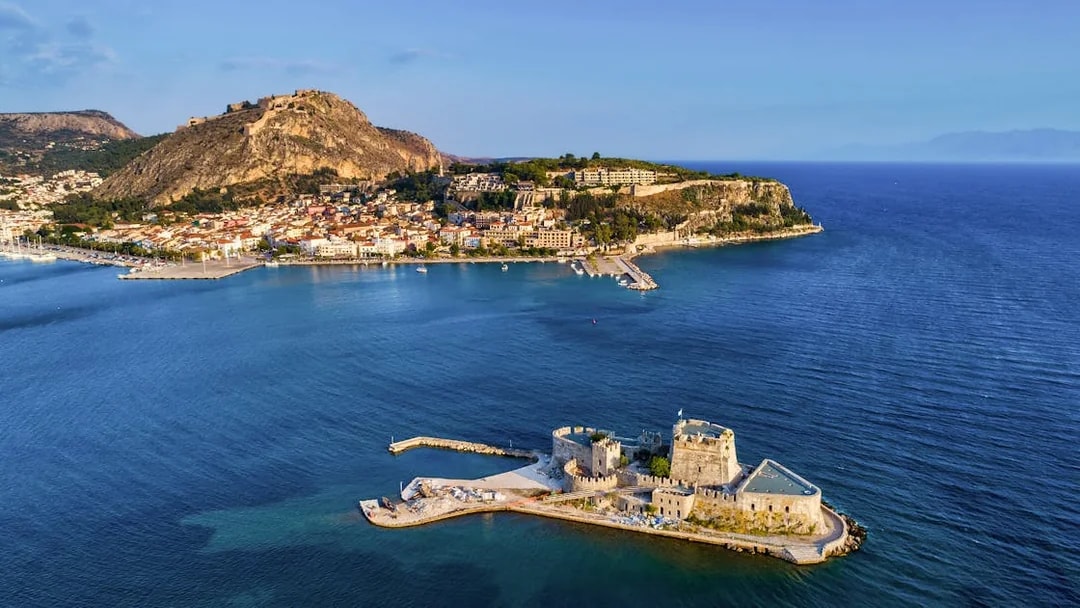 Aerial view of Nafplio with Bourtzi Castle in the foreground, Greece.