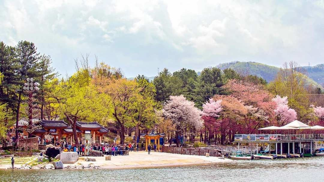 Visitors at Nami Island dock, South Korea, with cherry blossoms and traditional gate.