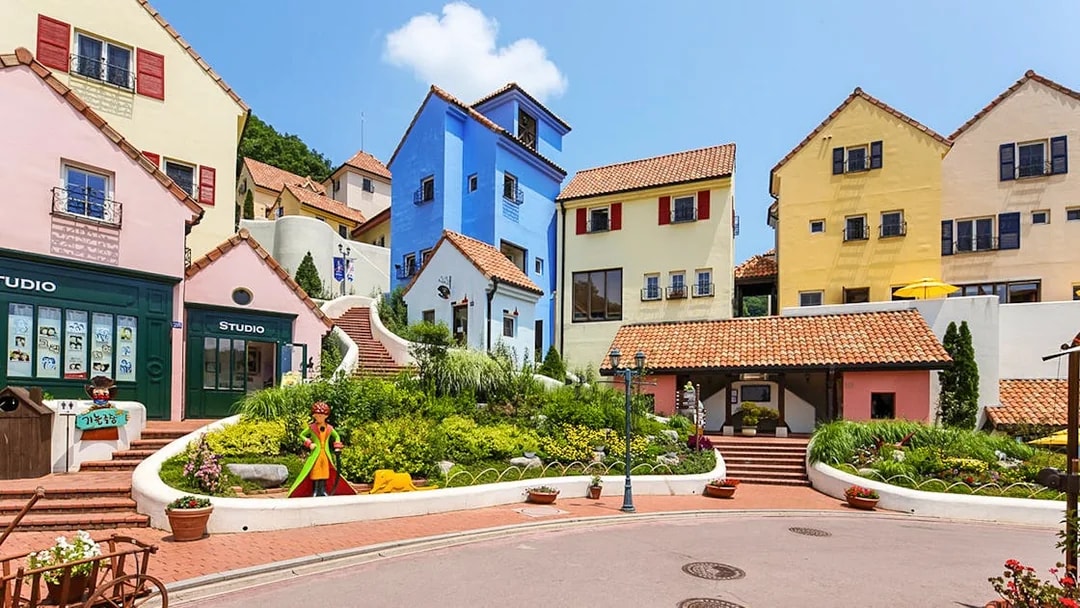 Multicolored European-style buildings and stairs in Petite France theme village, South Korea.