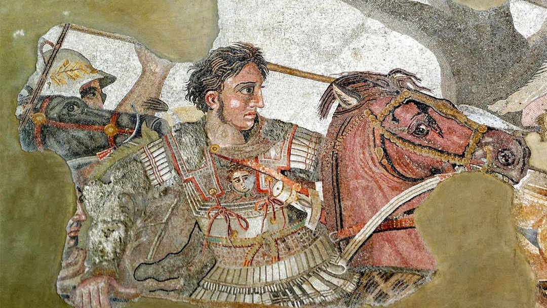 Mosaic of a warrior on horseback at the Archaeological Museum of Naples.
